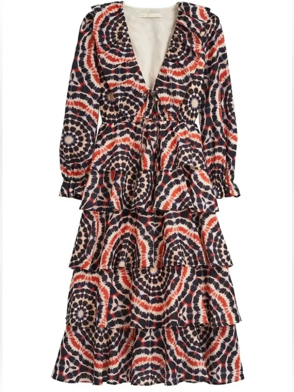 MARIE OLIVER Blythe Midi‎ Dress in Mandala Tie-Dye maxi Flowy tiered ruffles V
